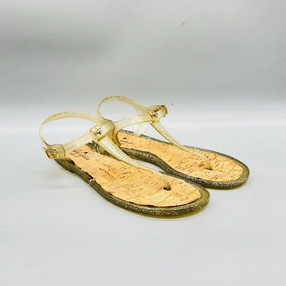 Kate Spade Sandals Womens 9 Gold Plastic Jelly Thong Ankle Strap Flat Shoes
